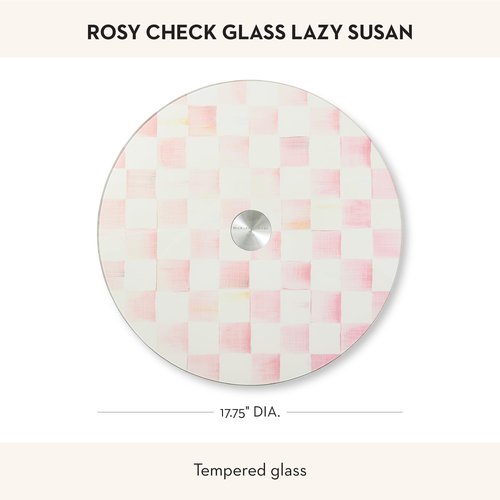 MACKENZIE-CHILDS Glass Lazy Susan, Cute Rotating Serving Board, Pink-and-White Rosy Check