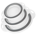 Cluren Collapsible Colander 3-Pack Set Space-Saving Foldable Kitchen Strainer with Non-Slip Base Durable Thickened PP+TPE Collapsible Strainers for Pasta, Vegetables, Fruits (Gray-White)