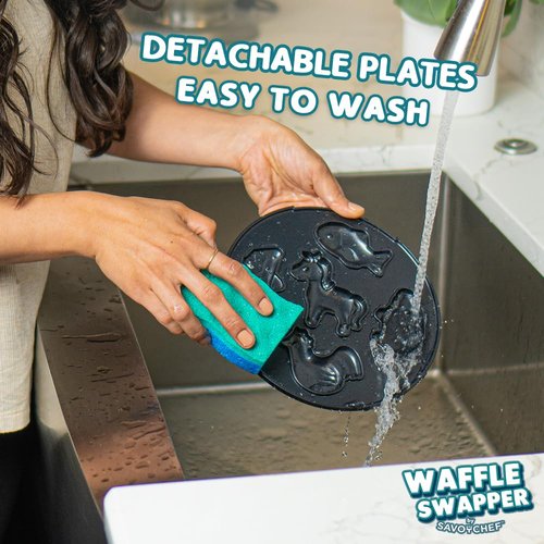 Waffle Maker for Kids with 15 Mini Shapes - Car, Truck, Farm Animals, Dinosaurs - Removable Plates for Easy Clean Up