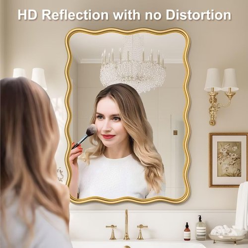PROHOMEWARE 20 * 28" Gold Wavy Rectangular Vanity Bathroom Mirror for Wall Mounted Bedroom Entryway Living Room Farmhouse