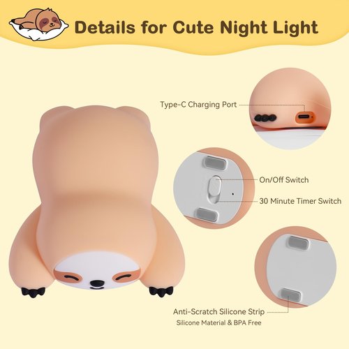 TCMOT Cute Sloth Night Light for Kids, 3-Level Dimmable Nursery Nightlight, Silicone Squishy Light Up Sloth Gifts, Rechargeable Bedside Touch Lamp for Breastfeeding Toddler Baby Kids Decor