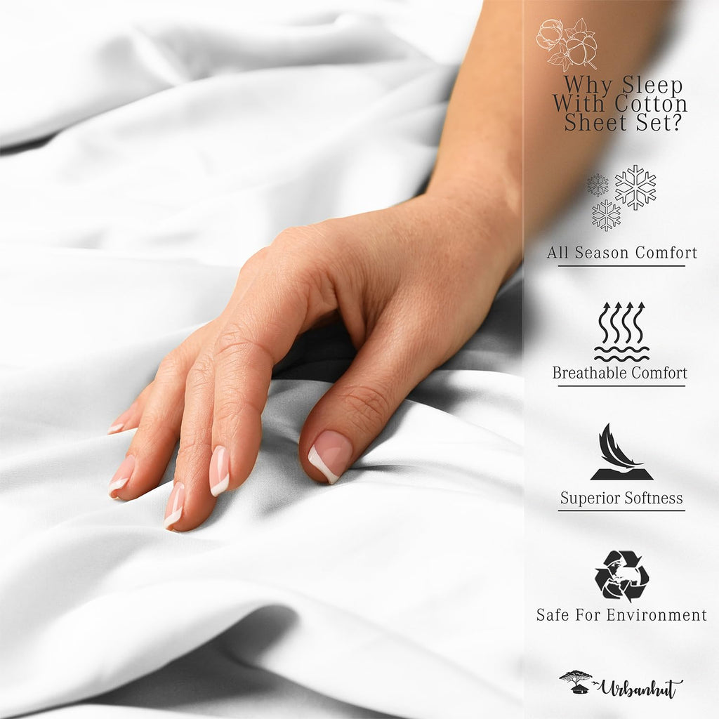 URBANHUT 100% Cotton Sheets Queen Size, 4 Piece Hotel Style Sheet Set Bed Sheet for Queen Size Bed, Sateen Weave Sheets, 16'' Elasticized Deep Pocket - White