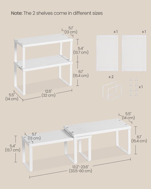 SONGMICS Spice Racks, Set of 2 Metal Cabinet Shelf Organizers, Countertop Organizers, Shelf Risers, Stackable, Expandable, White UKCS003W01