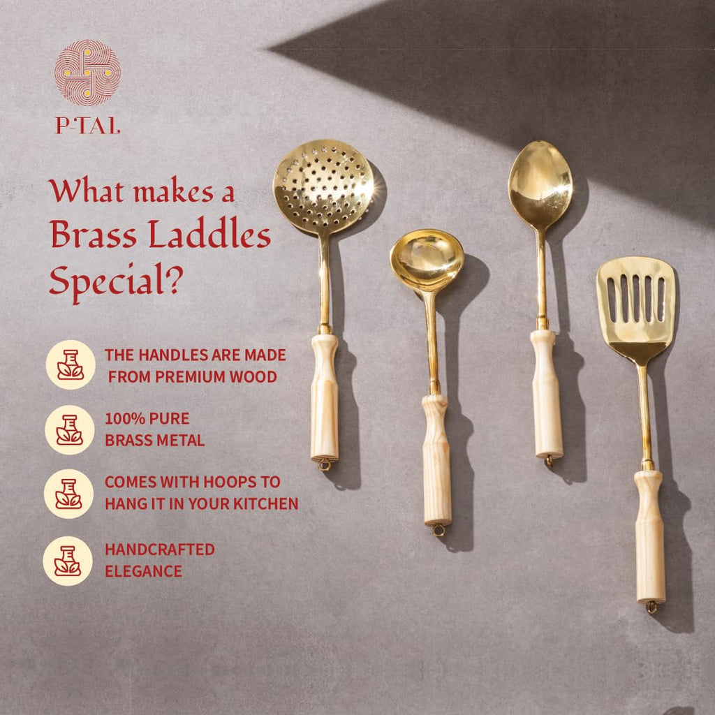 P-TAL Brass Ladle Set for Kitchen Ptal Brass Utensils Serving and Kitchen Tools Scoop Ladle Skimmer Serving Spoon Spatula Set of 4, 7 in,