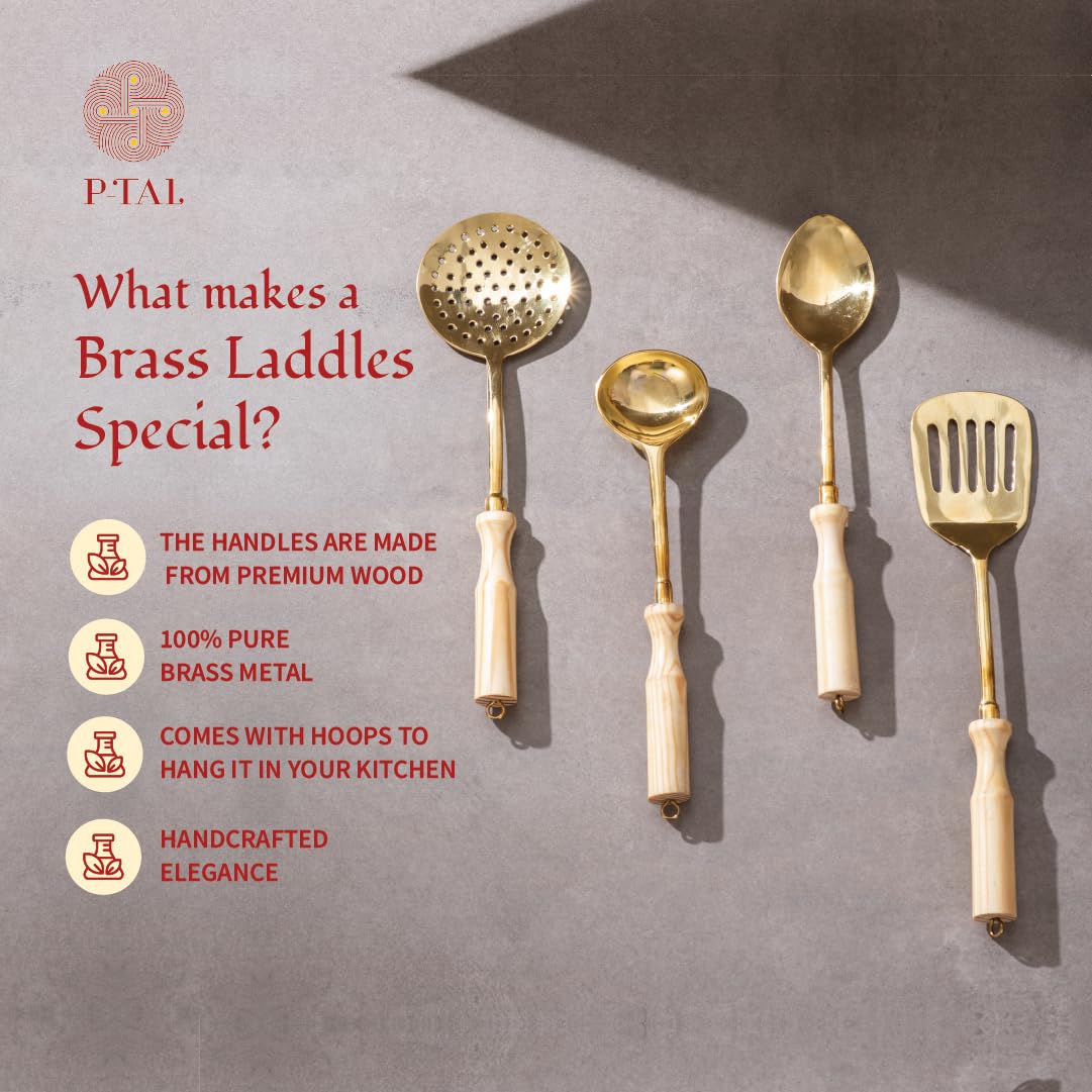 P-TAL Brass Ladle Set for Kitchen Ptal Brass Utensils Serving and Kitchen Tools Scoop Ladle Skimmer Serving Spoon Spatula Set of 4, 7 in,