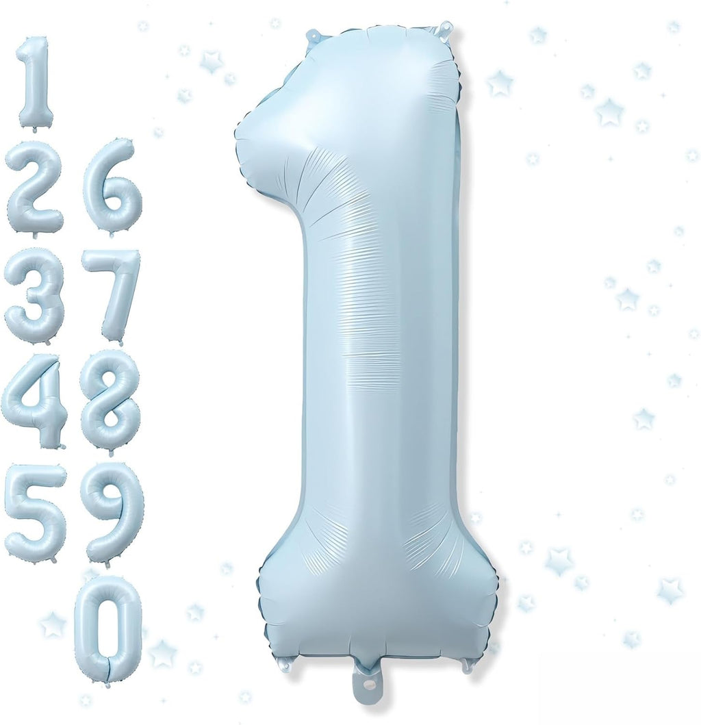 Skiennix Big Number 1 Balloon - Light Matte Sky Blue Foil 40 Inch Mylar Decor for 1st Birthday & Baby Shower