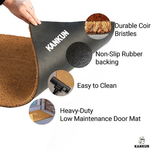 KANKUN Coco Coir Door Mat with Heavy Duty Backing, Welcome Doormat (17" x 30"), Doormat Entrance (Cat)