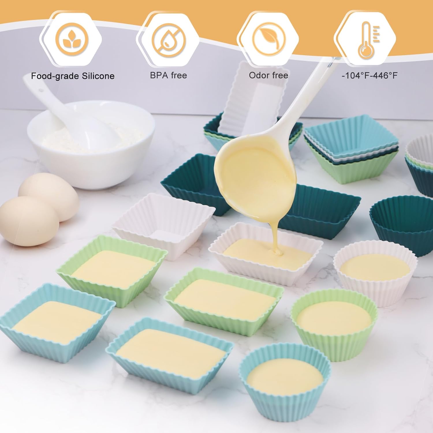 Skiennix Silicone Muffin Cups - 24-Pack Reusable Cupcake Liners in Neutral Colors | Round, Square & Rectangular
