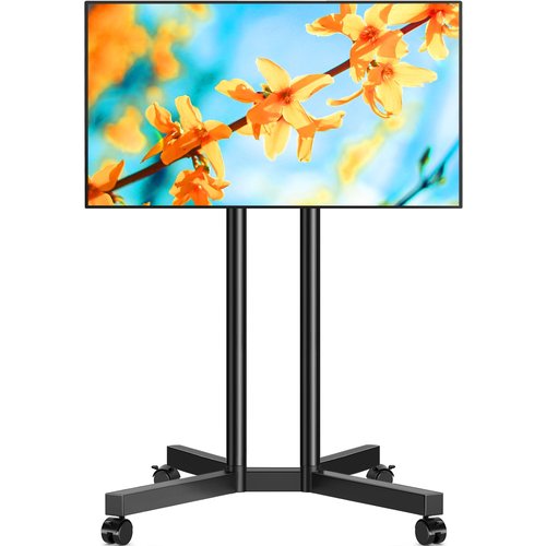 5Rcom Dual-Pole Rolling TV Stand for 32-75 inch LCD LED Flat & Curved TVs, Height Adjustable Portable TV Stand with Lockable Wheels, Mobile TV Cart up to 88lbs for Bedroom, Living Room, Outdoor
