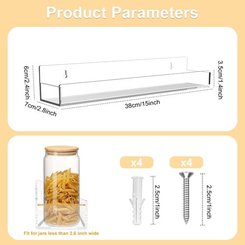 SOVQUEST Clear Acrylic Floating Shelves Wall Mounted 15 Inch Invisible Kids Bookshelf Figurine Display Shelf Spice Rack for Office Bathroom Kitchen (4 Pack)