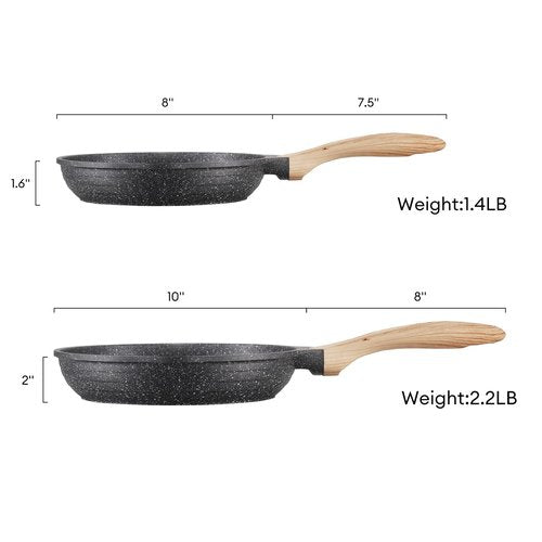 JEETEE Nonstick Frying Pans Set, Skillets Set 2 Pcs, 8" 10" Granite Non-Stick Frying pan, Nonstick Omelette Skillet with Soft Touch Handle, Grey