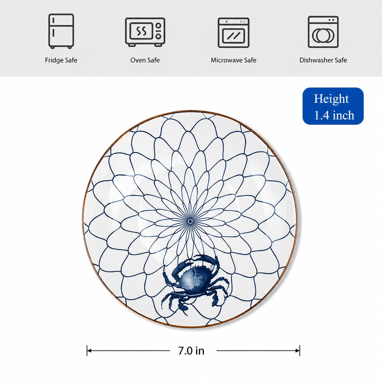 YALONG Small Ceramic Salad Plates Set of 4, 7 Inch (13oz) Japanese Appetizer Plates for Sushi Snacks, Dessert Plates for Cake Fruit, Blue & White Dinnerware, Microwave Dishwasher Safe