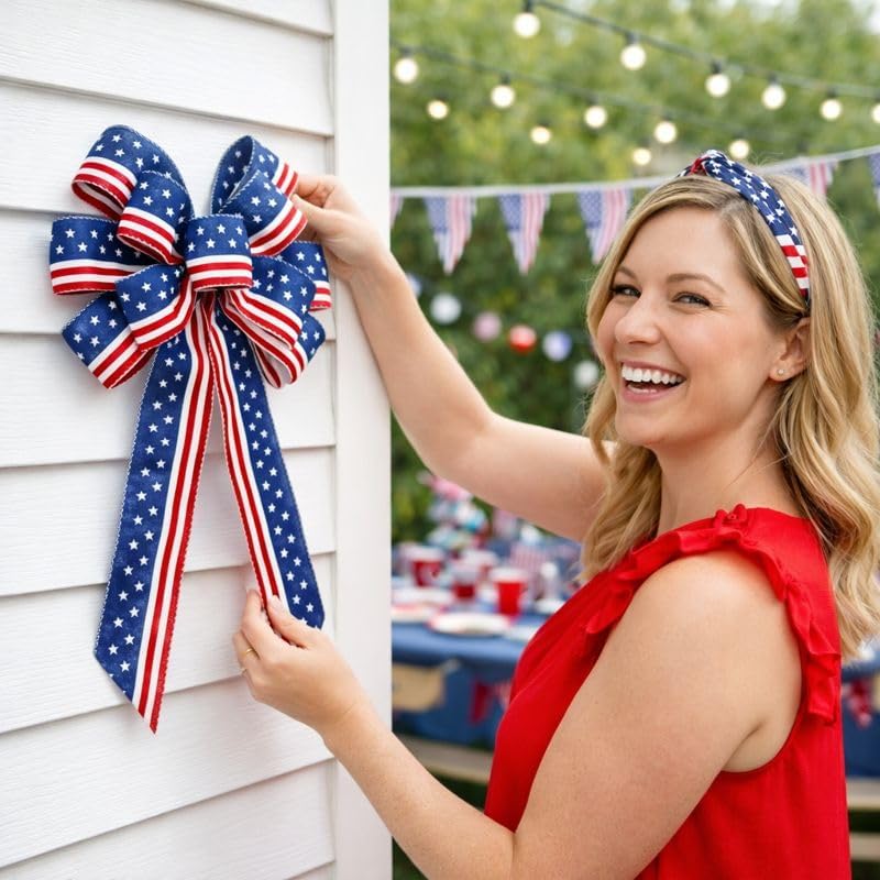Skiennix Memorial Day Decorations - Patriotic Stripe Stars Wreath Bow for Front Door | Red, White & Blue Tree Topper Bows