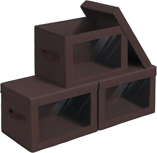 Homsorout Foldable Storage Boxes - Clear Window Clothes Organizers | Fabric Bins, Brown, 3 Pack