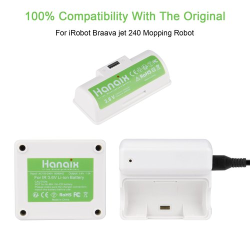 Hanaix 3.6V Li-ion Adapter Charger for iRobot Braava Jet 240 Floor Mopping Robot Battery (White)