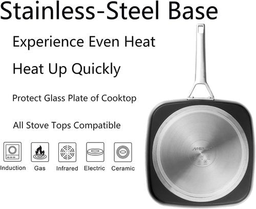 MsMk Square Grill Pan with lid, Stay-Cool Handle, Each Ridge Nonstick, Oven Safe Dishwasher Safe Induction Grill pans for Stove Tops, Square Frying Pan, Bacon Pan, Indoor Chicken Skillet, 11-Inch