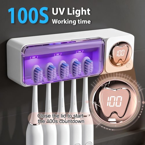 Bathroom Toothbrush Holder, Labelable with User Name, Multi-Slot Toothbrush Cleaner, Rechargeable Toothbrush Holder, Wall Mounted, for Bathroom, No Drilling Required, 5 Slots