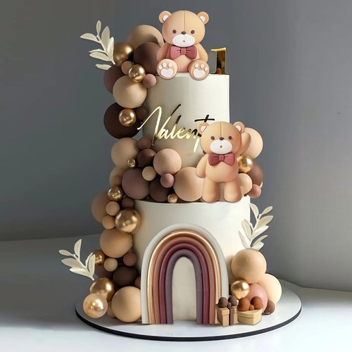 SONICEBUY 33Pcs Bear Cake Topper Boho Rainbow Cake Decorations with Beige Brown Bears Pearl Balls Rainbow Cake Pick for Boy Girl Baby Shower Gender Reveal Wedding Birthday Party Supplies