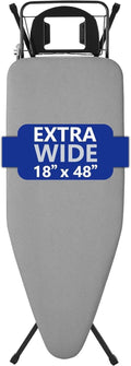 BKTD Extra-Wide Ironing Board - 48" x 18" Large Surface with Built-In Clothes Rack & Adjustable Height - Black Grey