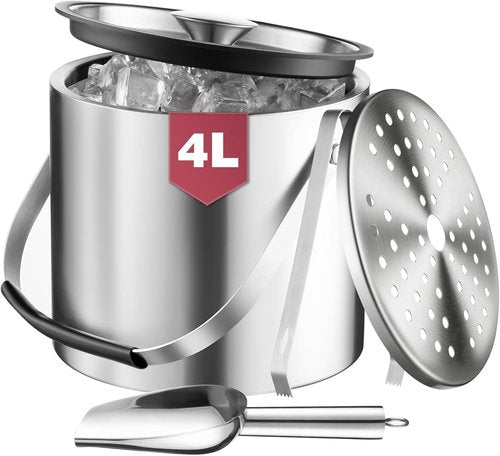 4L Ice Bucket with Lid, Scoop, Tongs and Strainer, Double Wall Stainless Steel Ice Buckets for Parties, Cocktail Bar, Chilling Wine, Champagne, Large Outdoor Champagne Ice Container
