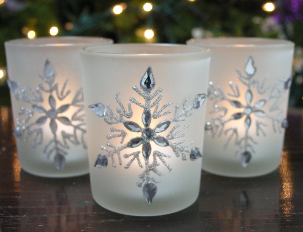 Snowflake Candle Holder - Lighted Frosted Glass Holders - Set of 3 with LED Candles - Glittery Snow Flake Holders with Jewels - Christmas Decor - 2.75" H x 2" D