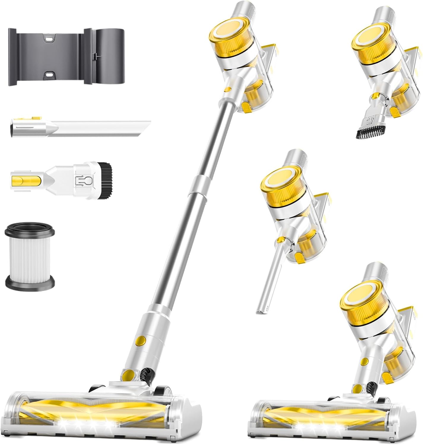 Skiennix Cordless Vacuum Cleaner - 35Kpa Powerful Suction | 45-Minute Runtime, LED Display, Anti-Tangle, Wall Mount - Yellow
