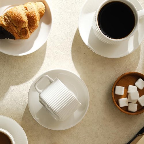 AYUCIA 8 Ounce Cappuccino Cups Set of 4, Latte Mugs with Saucers and Spoons, White Cream Ceramic Coffee Mugs Tea Cups for Cappuccino Latte Mocha Au Lait Macchiato Cafe