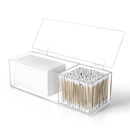 JHJFRAWY Clear Acrylic Qtip Holder for Clean Skin Club Clean² Pads Clean with Flip-Top Lid 2-Grid Canister Cotton Pad and Swab Dispenser Cotton Round Organizer for Bathroom Vanity Countertop