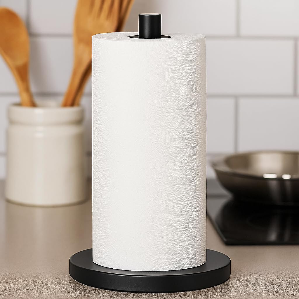 XL and Heavy Weighted Towel Holder, Premium Stainless Steel Large Black Paper Towel Holder, Unique and Modern Papertowel Dispenser with Heavy Base for Kitchen, Countertop, Cabinet, Napkin Roll