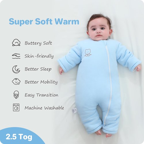 Premium Cotton Baby Sleep Sack with Legs Warm Winter 3-6 Months 2.5 Tog, Wearable Blanket Sleeping Bag for Easy Diaper Changing Transitional Unisex Sleep sacks for Newborn Infant Girls Boys Blue