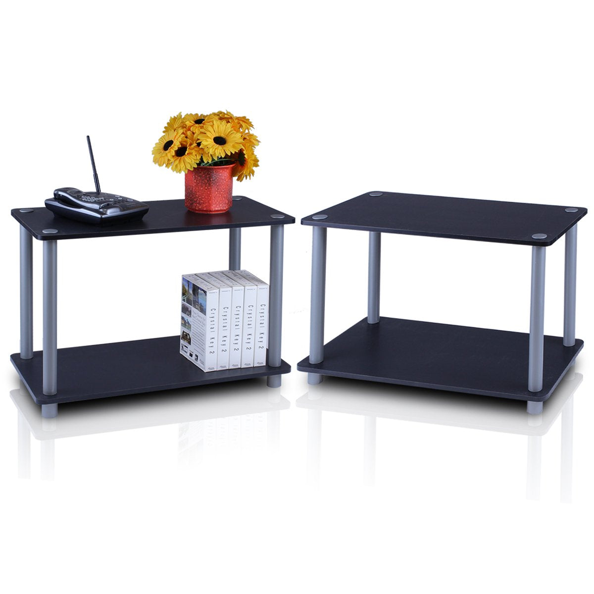 Furinno TURN-N-TUBE Side Table Set of 2, 2-Tier Modern Rectangle End Table with Open Shelf, Night Stand, Bedside Table, Toolless Assembly, for Living Room, Bedroom, Black
