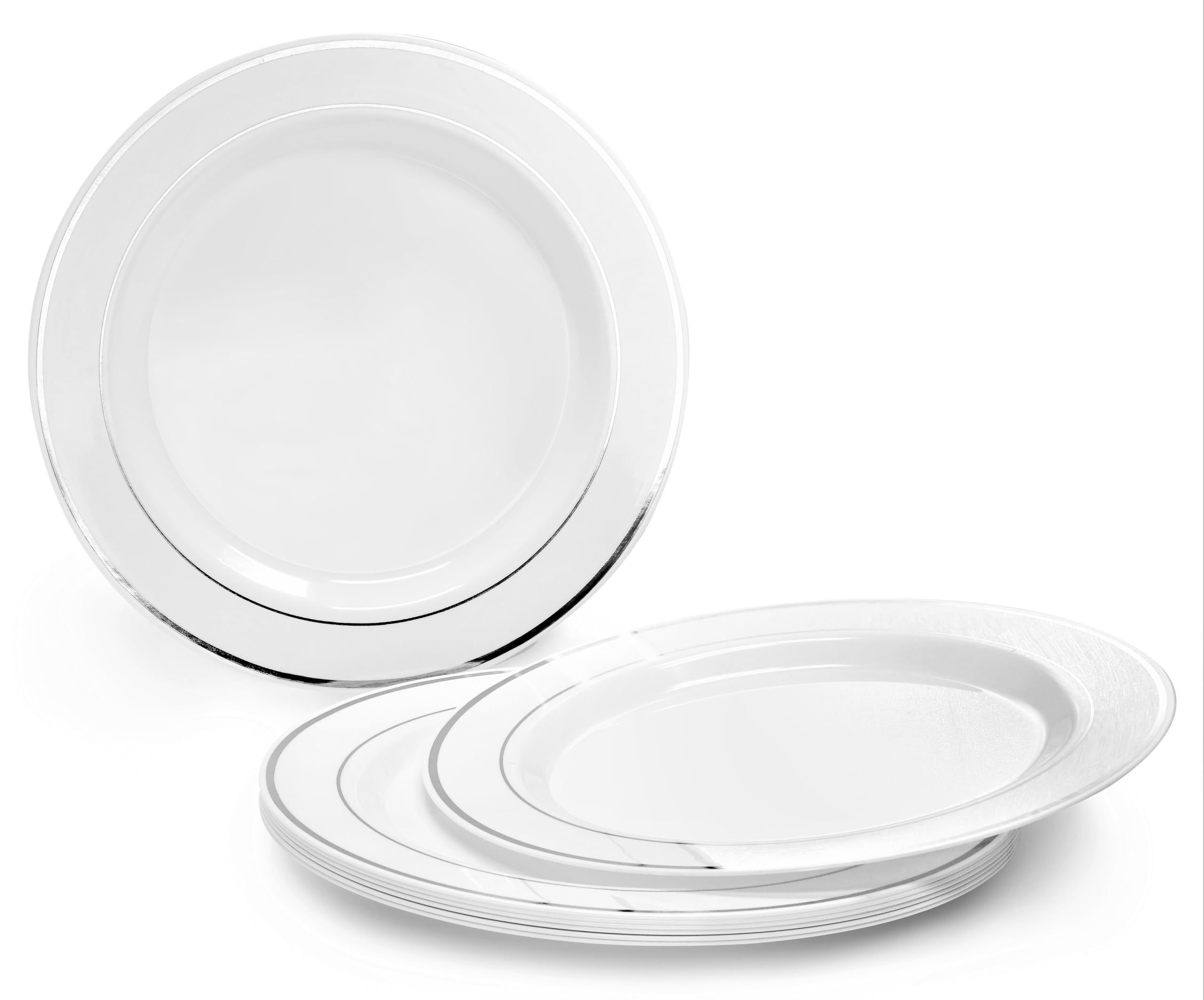 OCCASIONS 50pc Disposable Plastic Plates for 25 Guests - Heavy Duty Hard Fancy Plates Set, China-Like Look - 10.5" Dinner & 7.5" Salad/Dessert for Wedding Party, BPA Free (White & Silver Rim)