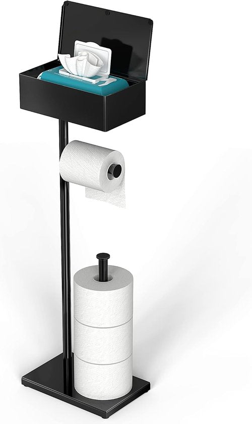 CISILY Black Toilet Paper Holder Stand - Free Standing Design with Storage Shelf for Bathroom Essentials