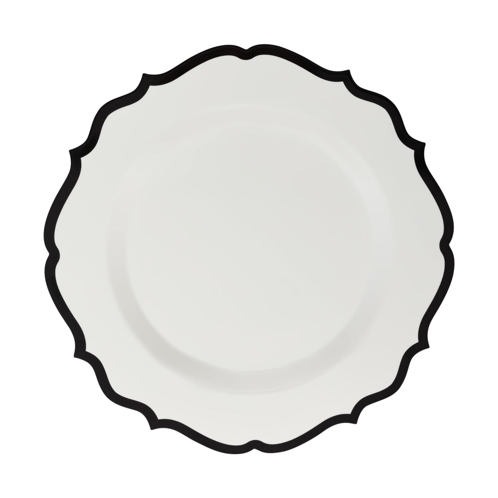 PLASTICPRO 128 Pack Elegant Disposable Plastic Plates Combo Set Bulk Pack Includes 64 Dinner Plates and 64 Salad Plates Heavy Duty Fancy Party Plates White with Black Contemporary Design