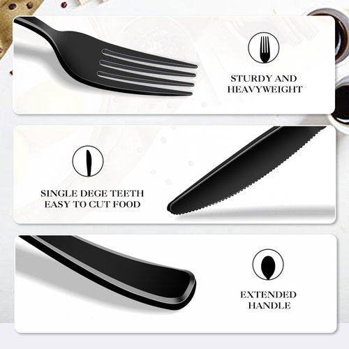 ALEXPRE 300 Pack Black Disposable Plastic Silverware Heavy Duty,Black Cutlery Set, Plastic Forks and Spoons Knives Utensils Set for Birthday Party Prom Night,Weddings,Halloween