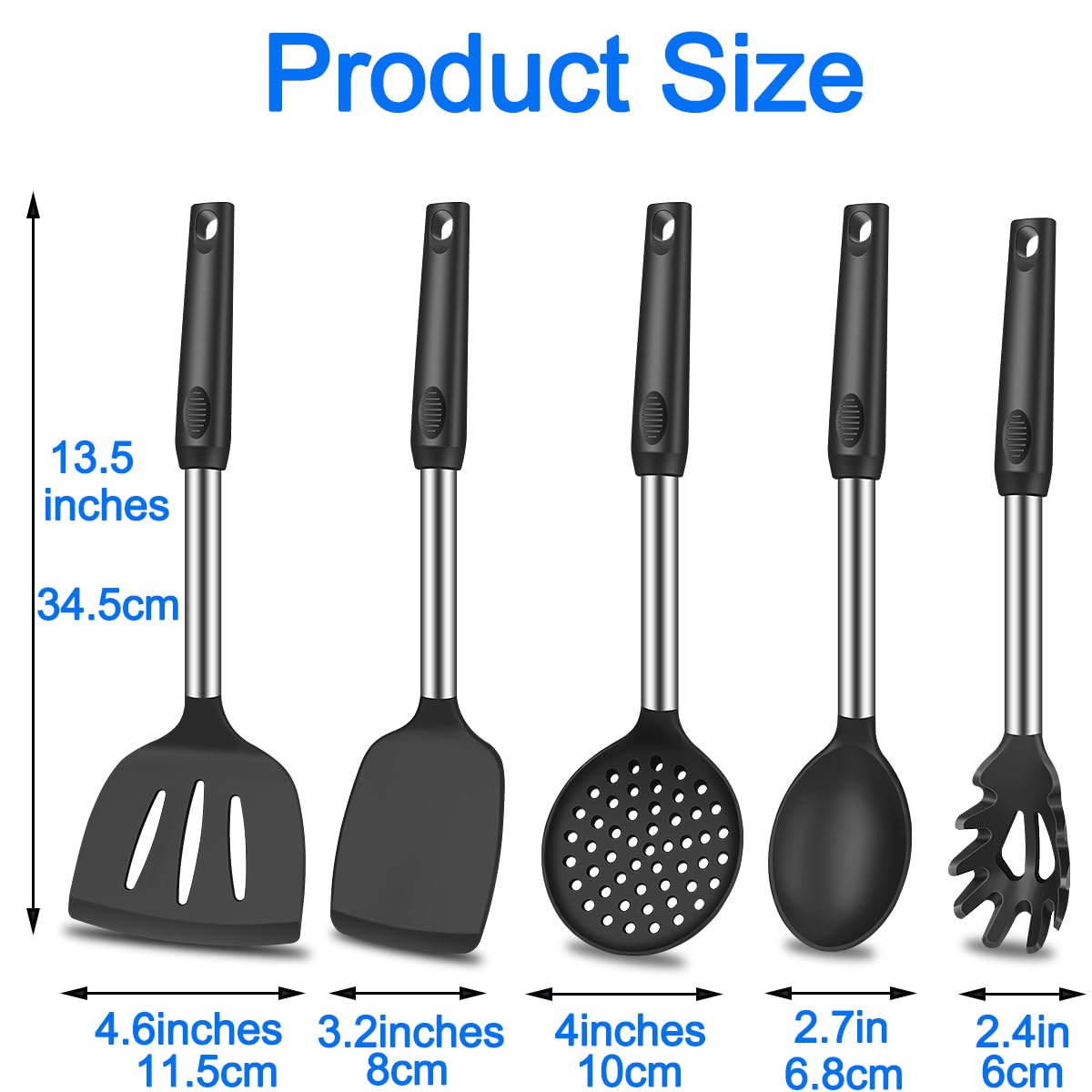 KLAQQED 5Pcs Silicone Spatula Heat Resistant Long Large Spatulas Set for Nonstick Cookware, Rubber Pancake Fish Turner Spatula for Kitchen Use Silicone Cooking Kitchen Utensils Set Black