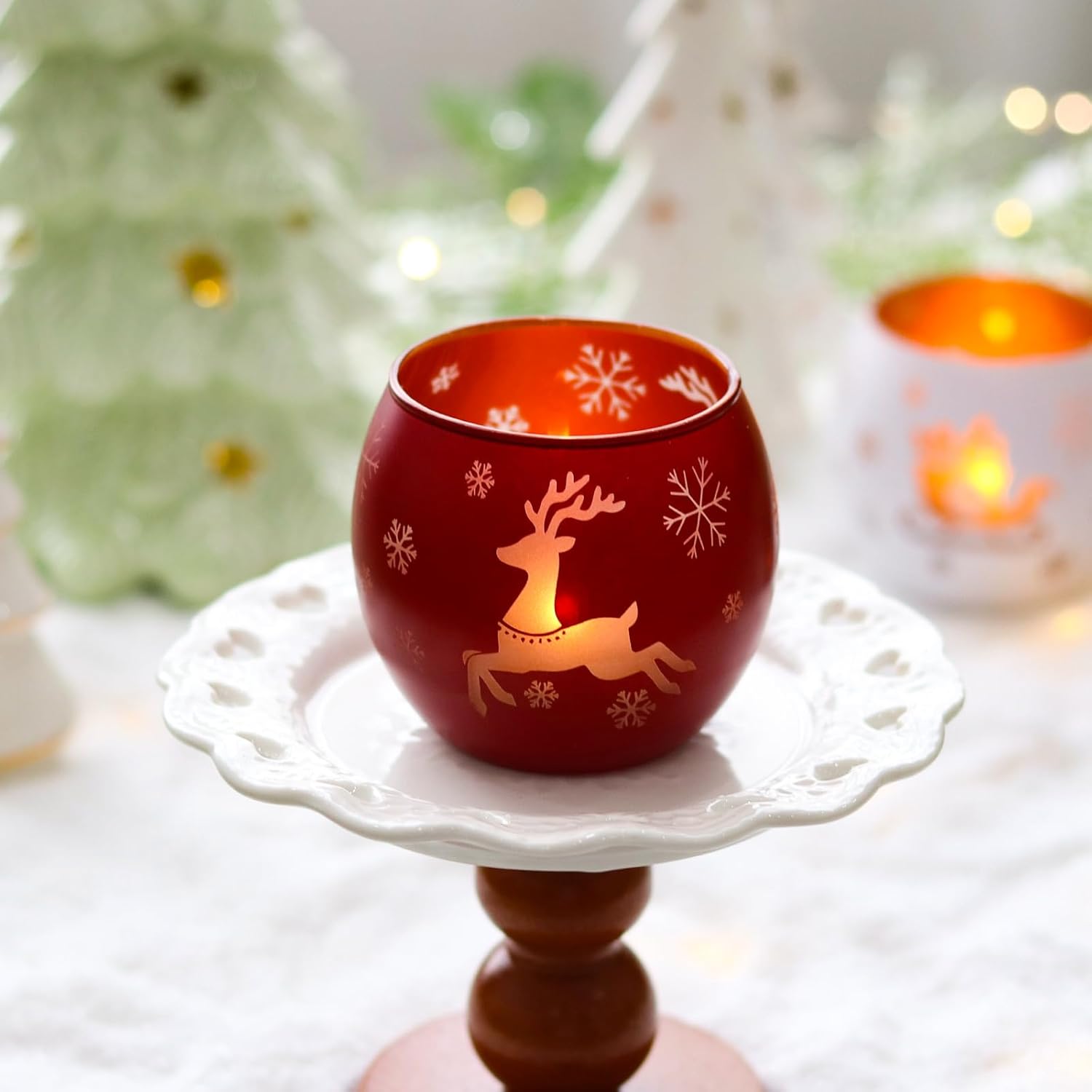 Skiennix Christmas Candle Holders - Set of 4 Frosted Glass Tealight Votive Holders | Winter Holiday Decor (Red, Green, White)