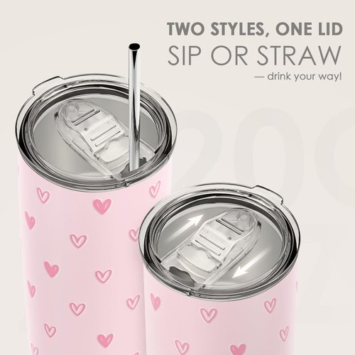 SANDJEST Heart Tumbler 20oz, Stainless Steel Travel Cup with Lid, Insulated Coffee Mug, Heart Gifts for Women Girls Friends Sisters on Birthday Christmas Valentine (Pink)