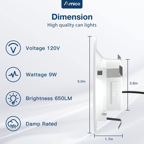 Amico 4 inch 5CCT LED Recessed Lighting 1 Pack, Dimmable, Damp Rated, 9W=60W, 650LM Can Lights with Baffle Trim, 2700K/3000K/4000K/5000K/6000K Selectable, Retrofit Installation - ETL & FCC Certified