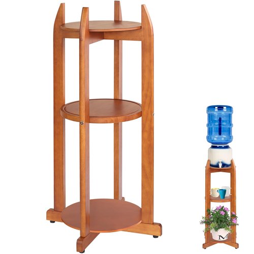 Natural Solid Wood Water Dispenser Stand (32.8"Hight-11.2"Wide) Ceramic Water Dispenser Floor Stand, 5 Gallon Water Jug Stand with 3 Round Shelfs Included for 1-5 Gallon Water Bottles/Crocks/Water Jug