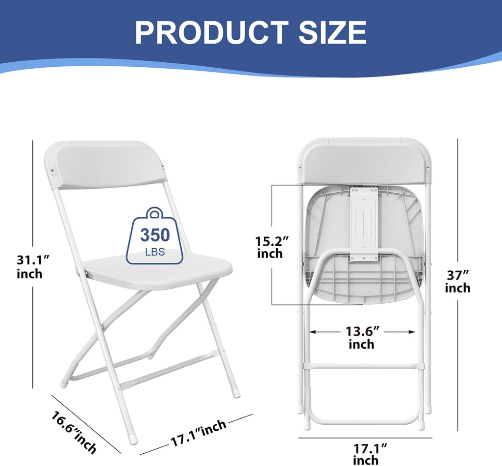 Skiennix Folding Chairs - 10 Pack White Plastic Chairs for Indoor/Outdoor Events | 350lb Capacity