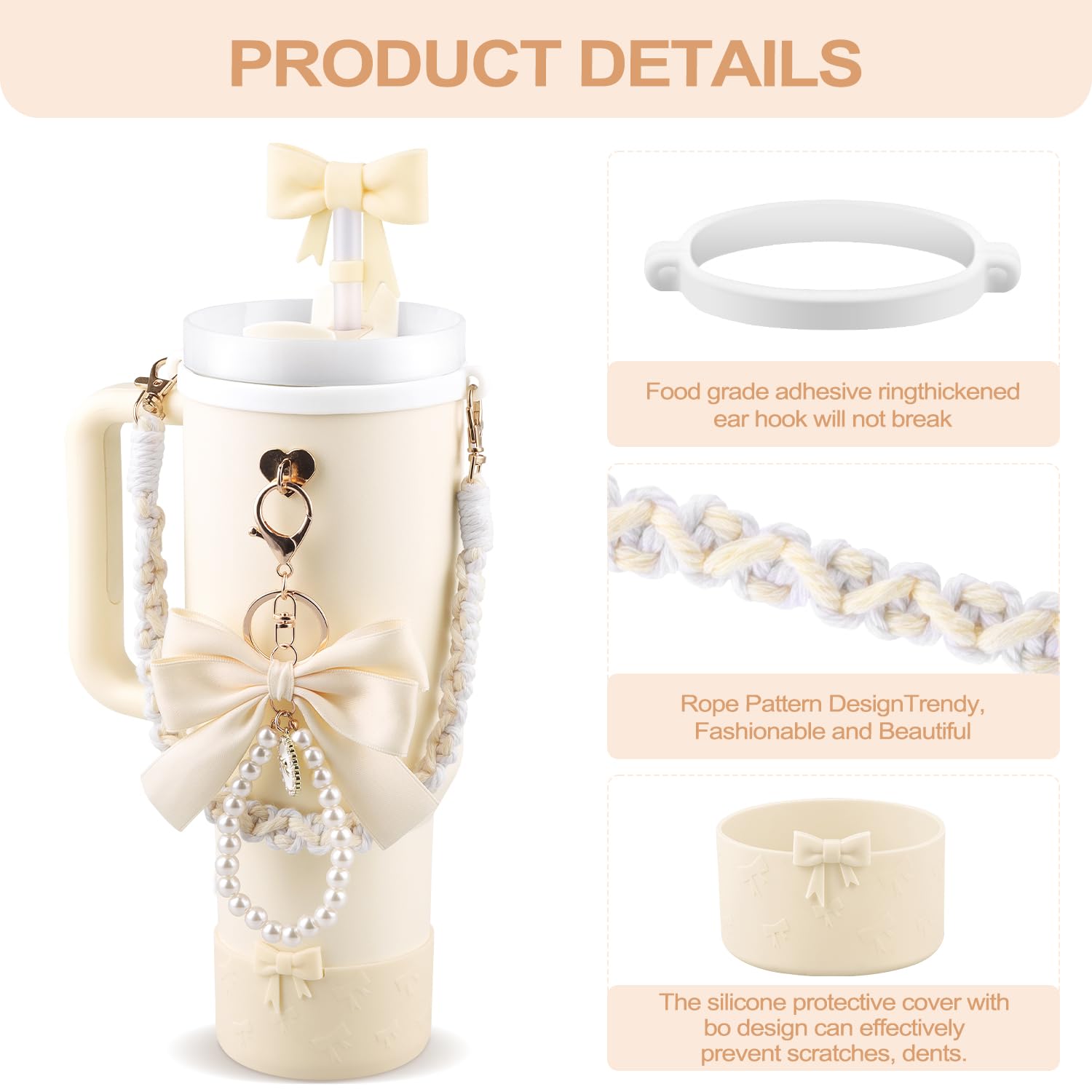 Stanley Cup Accessories Set for 40oz & 30oz,0.4in Silicone Straw Cover, Cute Charm,Handle Strap,Cup Ring,Plush Pendant,Stanley Boot,Heart Buttons for Tumbler (White)