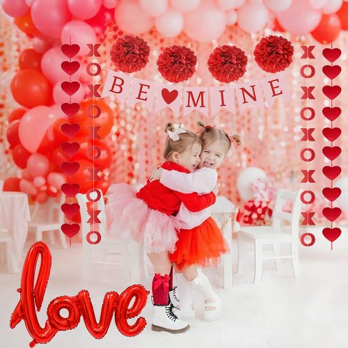 Valentines Day Decorations, Pre-Assembled Hanging Heart and XO Garlands, Be Mine Love Banner, Red Love Foil Balloon and Paper Ball, Valentine's Day Party Decor for Home Classroom Office