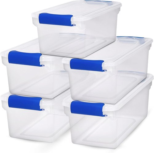 HOMZ Clear Plastic Storage Organizer Bins - 5-Pack 7.5 Quart with Blue Latch | Stackable Containers for Home & Garage