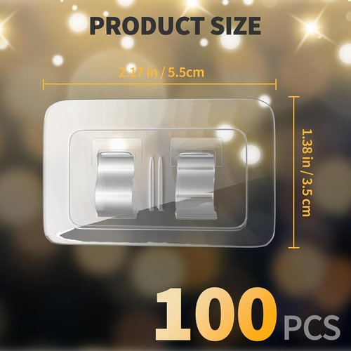 Heavy Duty Cable Clips for Outdoor String Lights by Hooks | 100Pcs Waterproof Adhesive Strips - UV-Resistant Clear Holders
