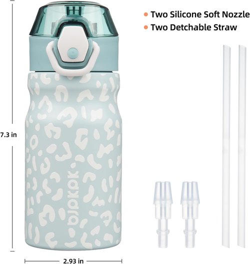 BJPKPK Insulated Water Bottle - 14oz Stainless Steel Flask with Straw & Leak-Proof Lid | Light Blue Leopard