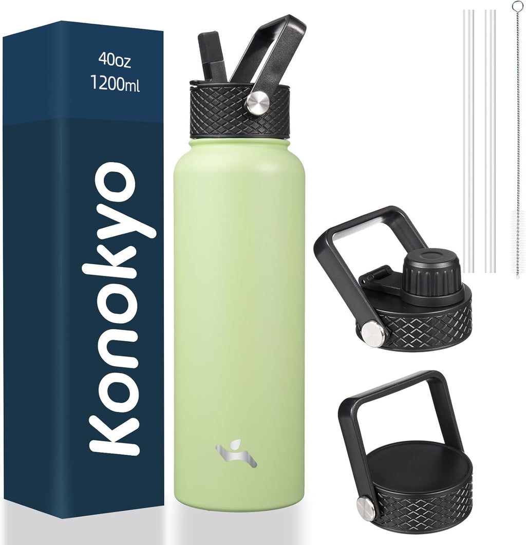 Skiennix 40oz Insulated Water Bottle - Stainless Steel Sport Bottle with 3 Lids | Macaron Green