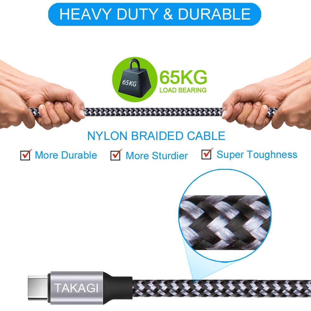 TAKAGI USB to USB C Cable - Fast Charging Nylon Braided Data Sync Cord (3-Pack, 6ft) for iPhone & Galaxy