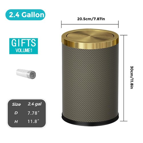 YOJIA 2.4 Gallon Bathroom Trash Can with Lid, Pu Leather Modern Garbage Can, Round Decorative Waste Basket, for Near Desk, Powder, Bedroom, Hotel, Office, Home (9L-Checked Grey)