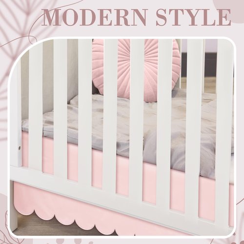 Hahafelt Scalloped Crib Skirt for Baby Girl Nursery, 28"x 52" with 14" Drop, 4-Sided Dust Ruffle, Soft Breathable Fabric, Elegant Nursery Decor, Fits Standard Crib, Pink